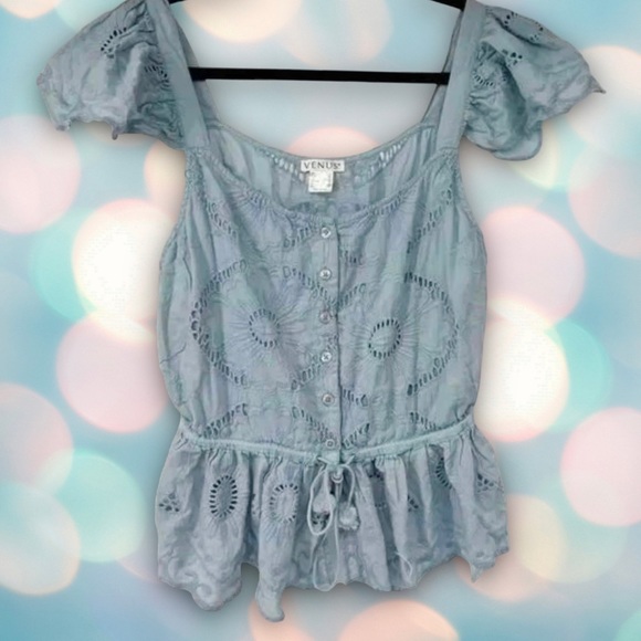 Venus Women’s Blue Boho Embroidered Eyelet Peplum Ruffle Blouse Crop Top Size 6 - Picture 3 of 6